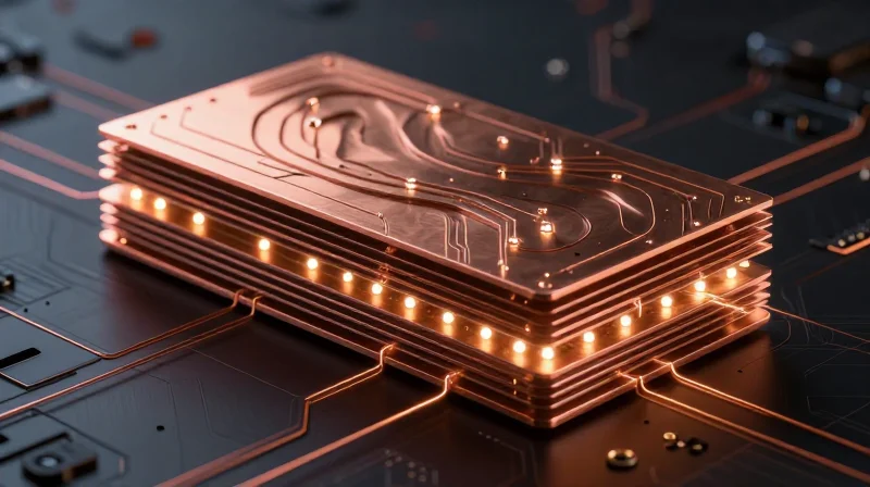 Abstract visualization of perfectly aligned circuit board layers representing registration accuracy.