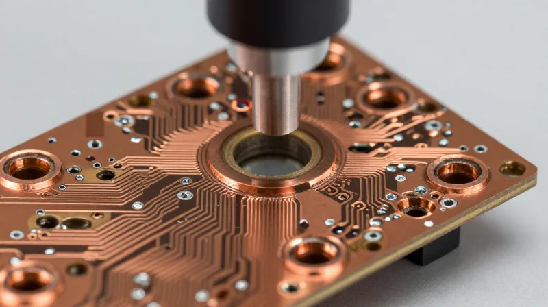 Cross-section view of a PCB board highlighting internal via structures under high magnification.