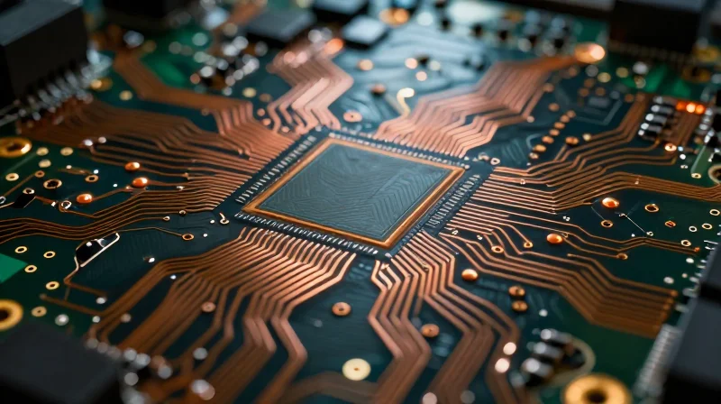 A close-up view of a high-density PCB showing complex interconnected circuits and signal traces.