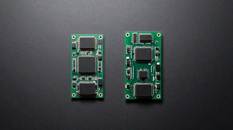 Comparison showing a larger legacy PCB module alongside a smaller modernized industrial sensor module.