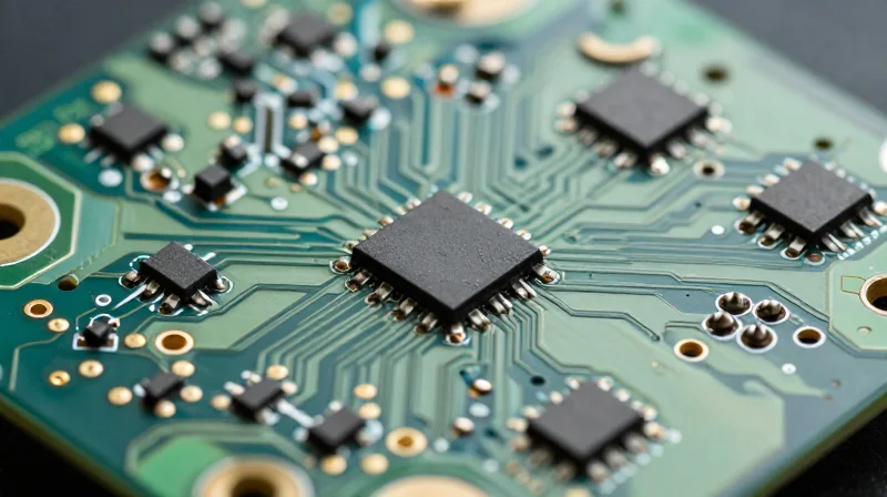 Macro view of via-in-pad technology on a surface-mount assembly board.