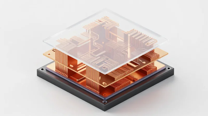 A 3D visualization showing multiple layers of a PCB being compressed together in a lamination press