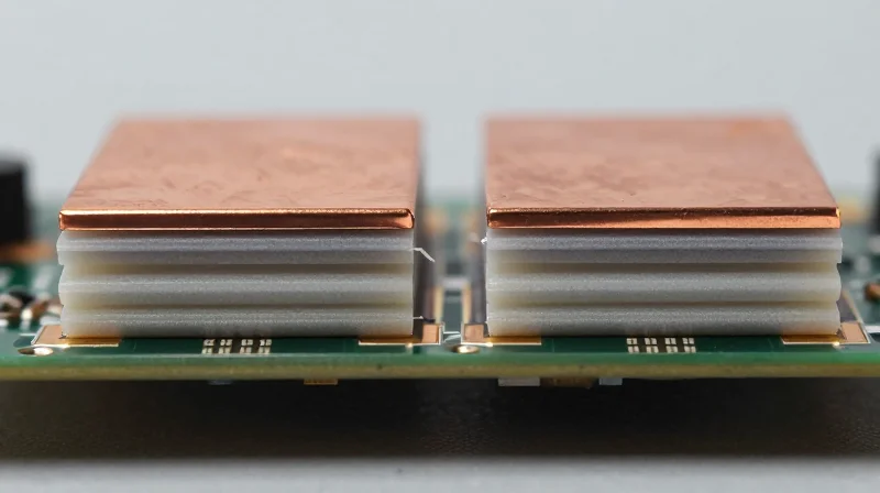 A cross-section view of a symmetric PCB board showing balanced copper layers