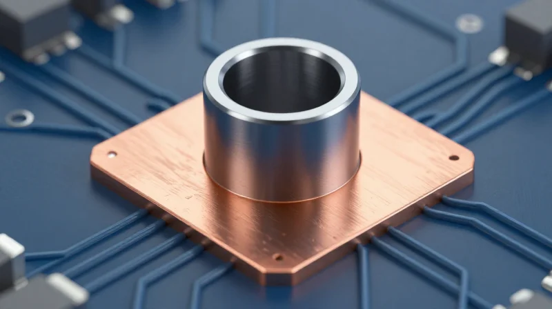A detailed 3D rendering of a micro-via connecting two PCB layers