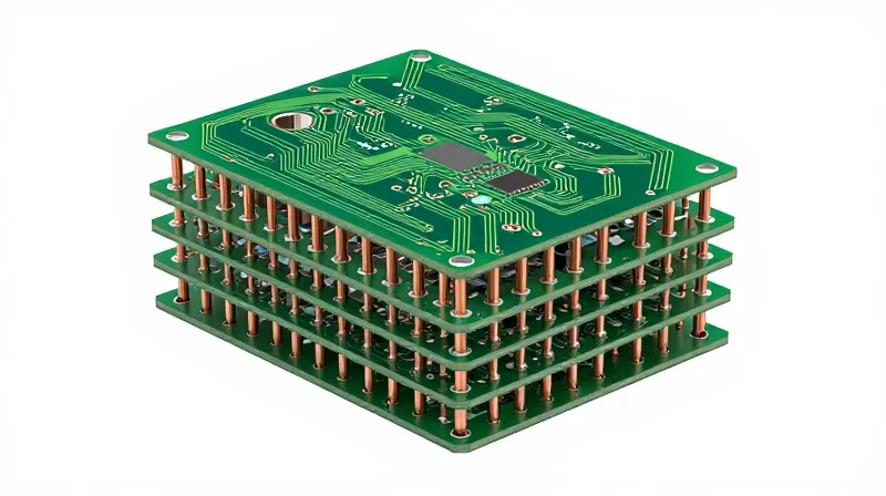 Cross-section of a traditional PCB showing through-hole vias spanning all layers