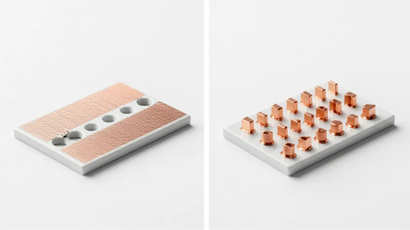 Split-screen conceptual view of DPC and DBC copper bonding on ceramic