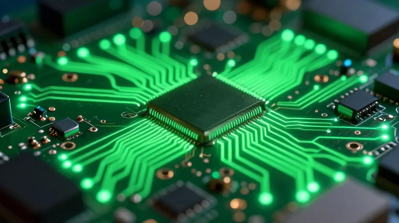 A glowing green circuit board representing sustainable electronics
