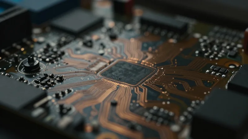 A close-up of a damaged circuit board with burnt components on a dark desk