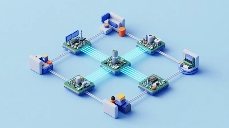 Isometric 3D illustration of a streamlined manufacturing pipeline