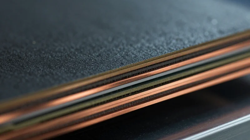 A cross-section of a high-frequency Rogers 4000 series laminate showing layers of hydrocarbon-ceramic materials