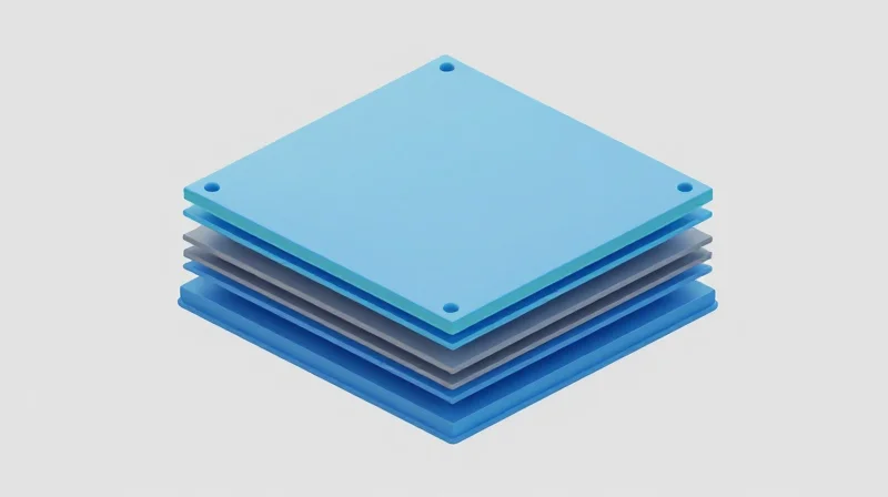 Isometric view of a multi-layer PCB stack-up with copper foils and dielectric cores