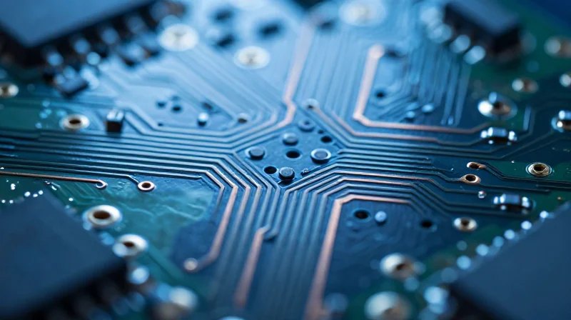 Detailed microscopic view of high-precision copper trace geometries on a circuit board