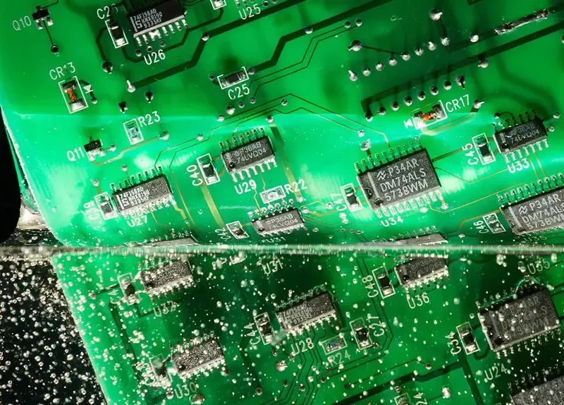 A PCB with a conformal coating applied