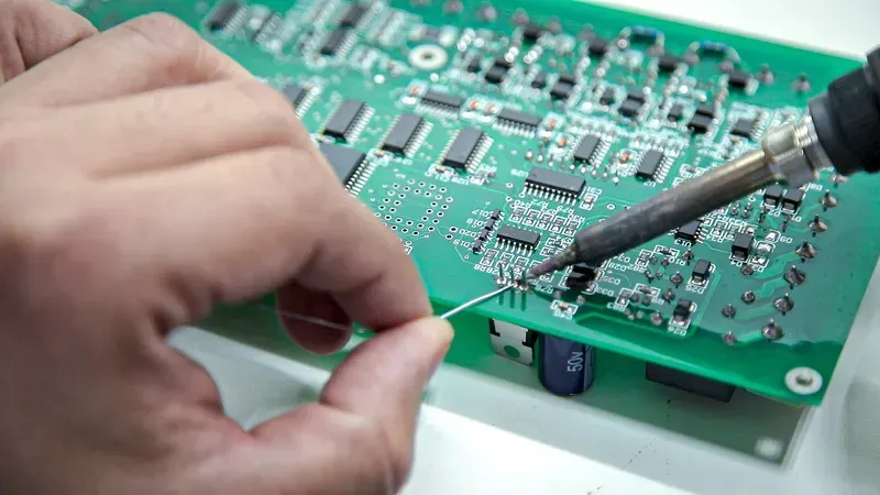 A technician assembling and soldering a PCB
