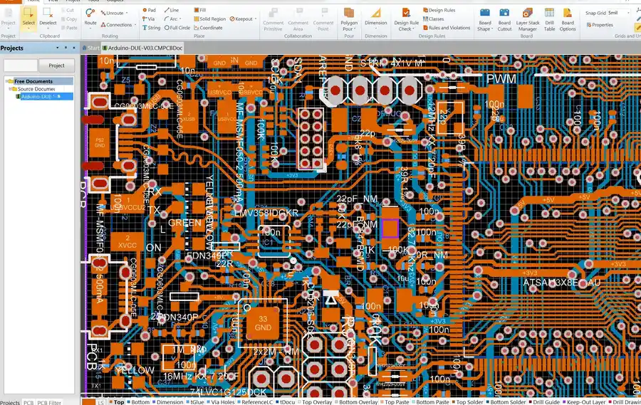 Complex PCB design with multiple layers and components in Altium CircuitMaker.