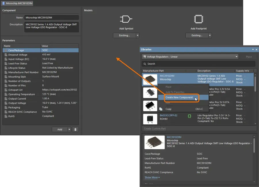 The component library interface in Altium CircuitMaker, showing various electronic components.