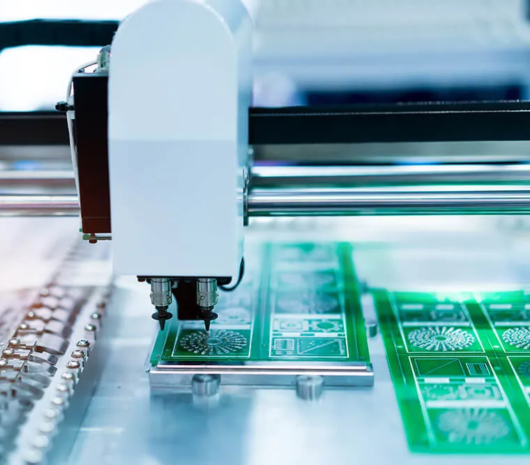 An overview of a PCB manufacturing facility with various machines and production lines.