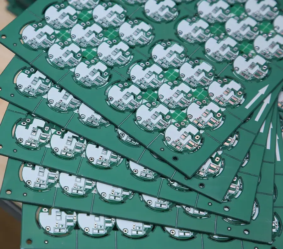 A panel of multiple PCBs arranged together before separation.