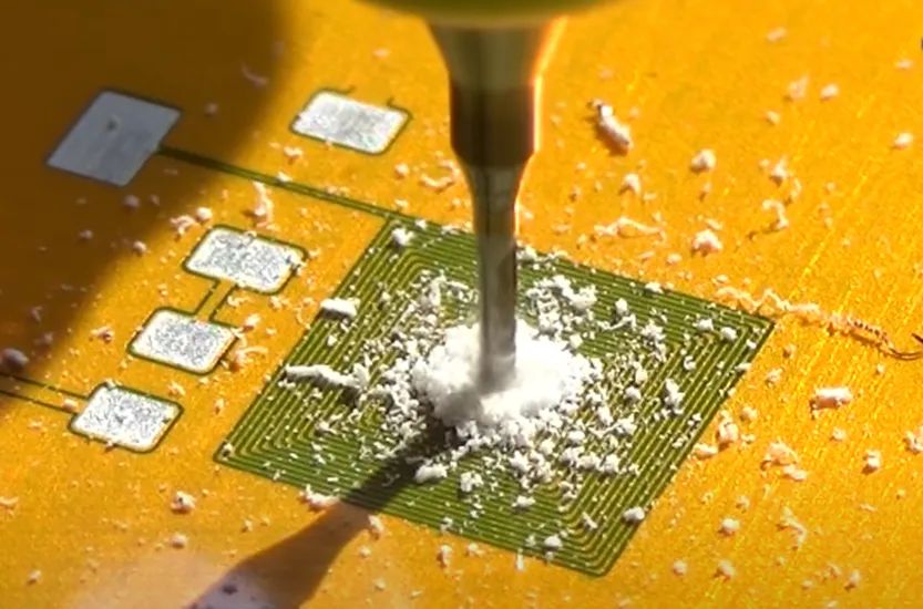 A close-up of small drill holes on a PCB.