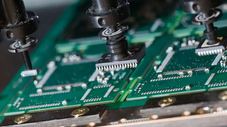 An SMT pick and place machine placing components onto a PCB.