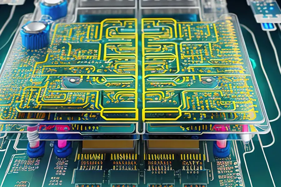 A cross-section view of a complex multilayer PCB board.