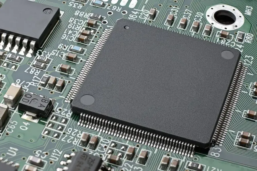 A close-up of surface mount components assembled on a PCB.