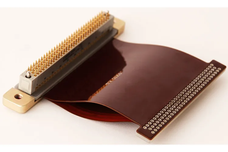 A cross-section view of a multi-layer flexible PCB.