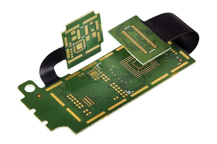 A display of various flex rigid PCB samples.