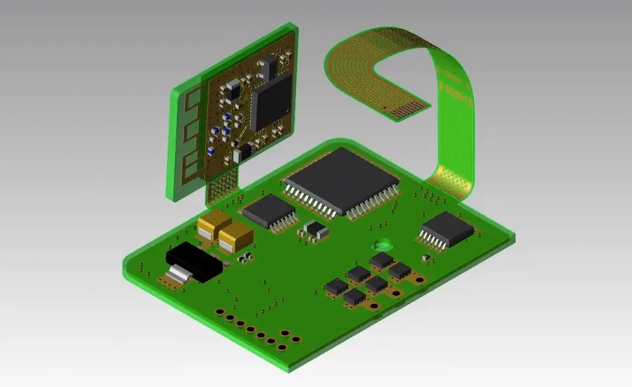 A cross-section view of a multi-layer flex rigid PCB.