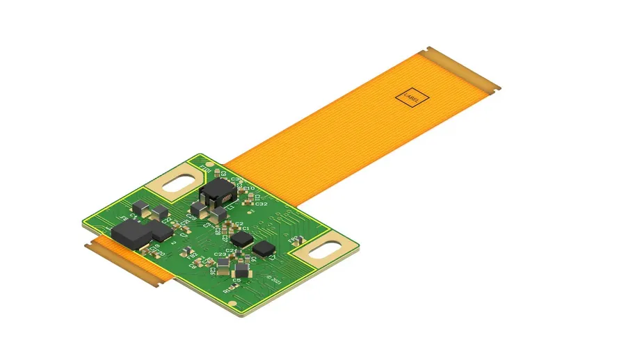 A close-up of a flexible printed circuit board with electronic components.