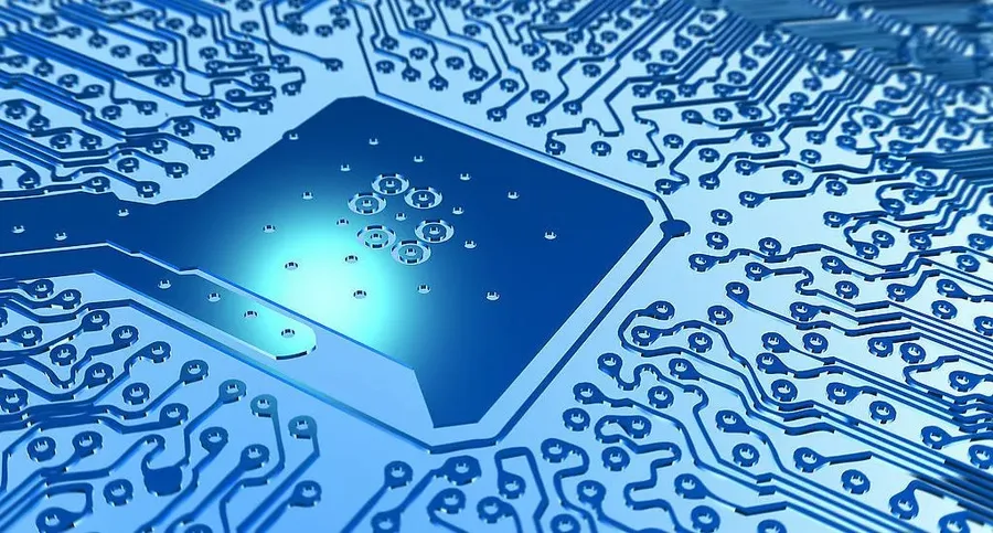 A futuristic PCB design with integrated microchips.