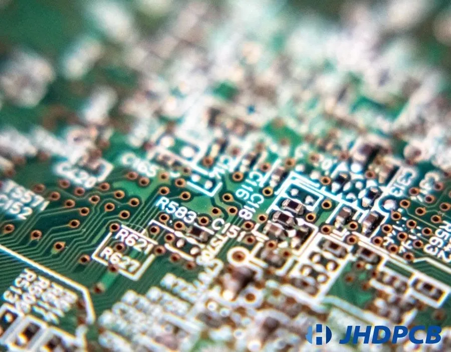 A close-up of a high-density interconnect PCB, highlighting its complex circuitry.