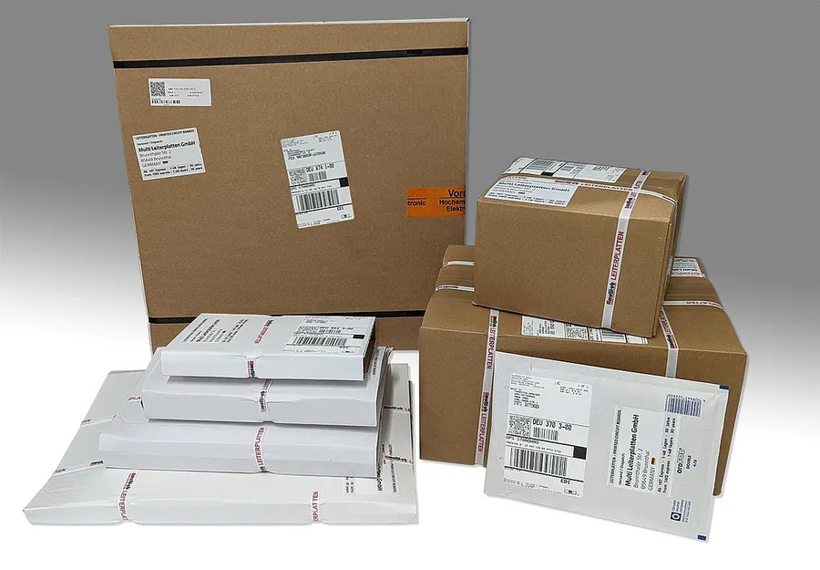 A pallet of packaged PCBs ready for shipment.