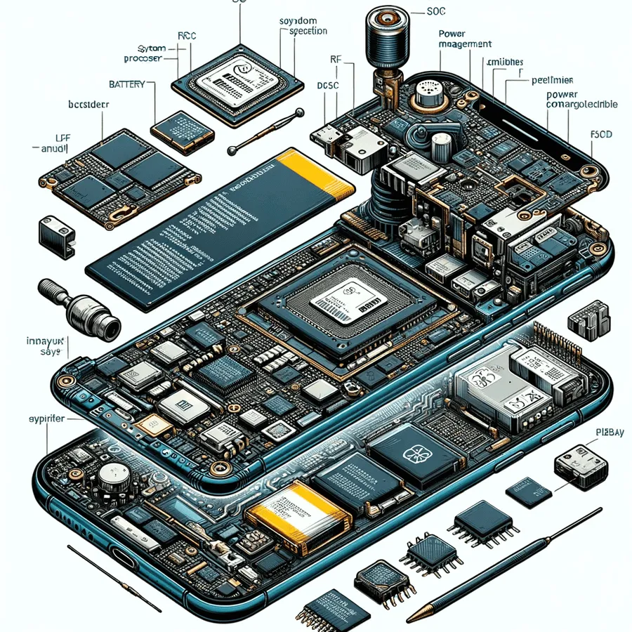 Various electronic components on a mobile phone motherboard.