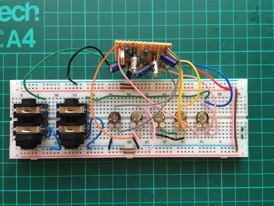 A top-down view of the original ZVex Fuzz Factory pedal layout.