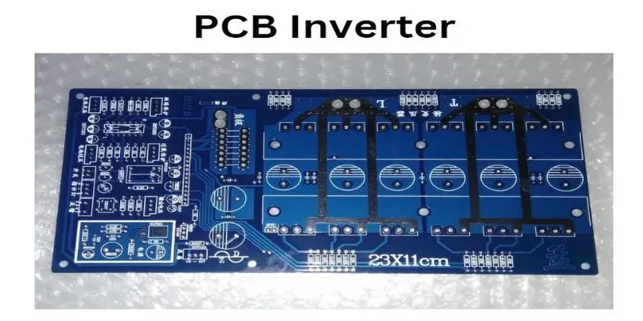 Close-up of electronic components on an inverter PCB.