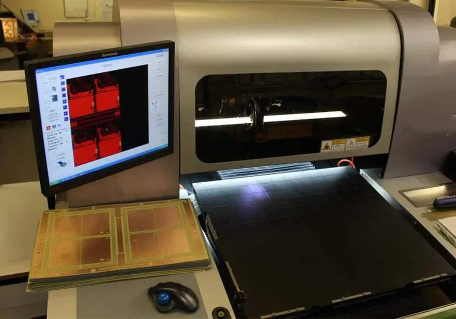 A rigid-flex PCB being inspected by an Automatic Optical Inspection (AOI) machine.