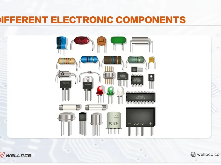 A close up view of various electronic components on a circuit board.
