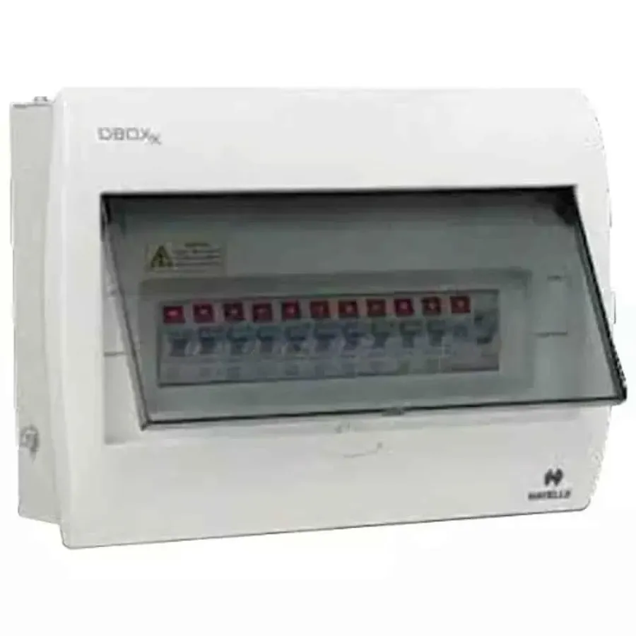 A Havells 8 way MCB box, front view.