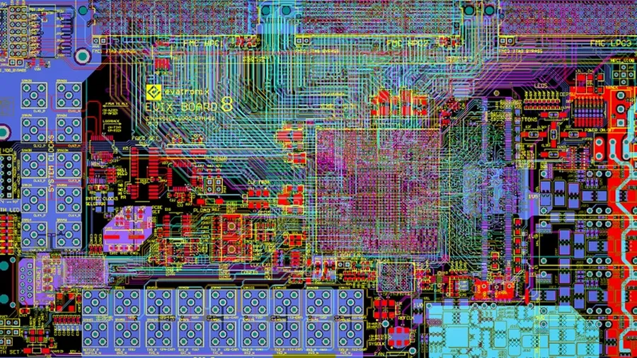 A circuit board design software interface showing a complex PCB layout.