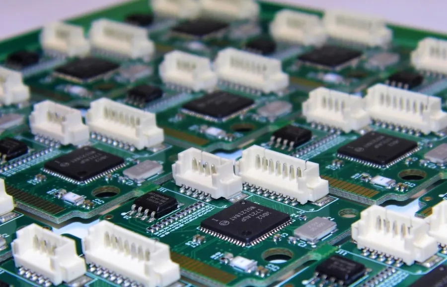 Multiple circuit boards on a production line, showcasing batch manufacturing.