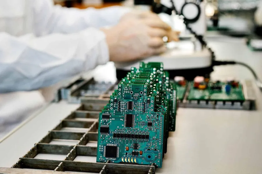 A pile of manufactured PCBs from a fabrication service, ready for assembly.