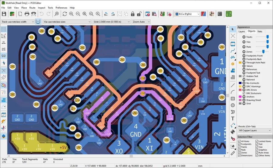 Screenshot of the KiCad software, illustrating its PCB design capabilities.