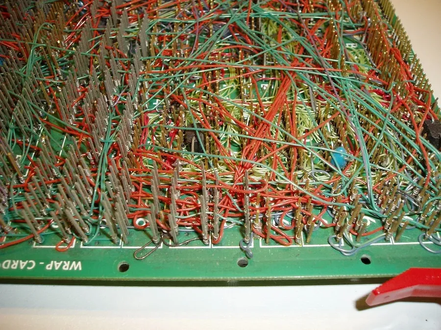 A breadboard demonstrating a more complex electronic circuit.
