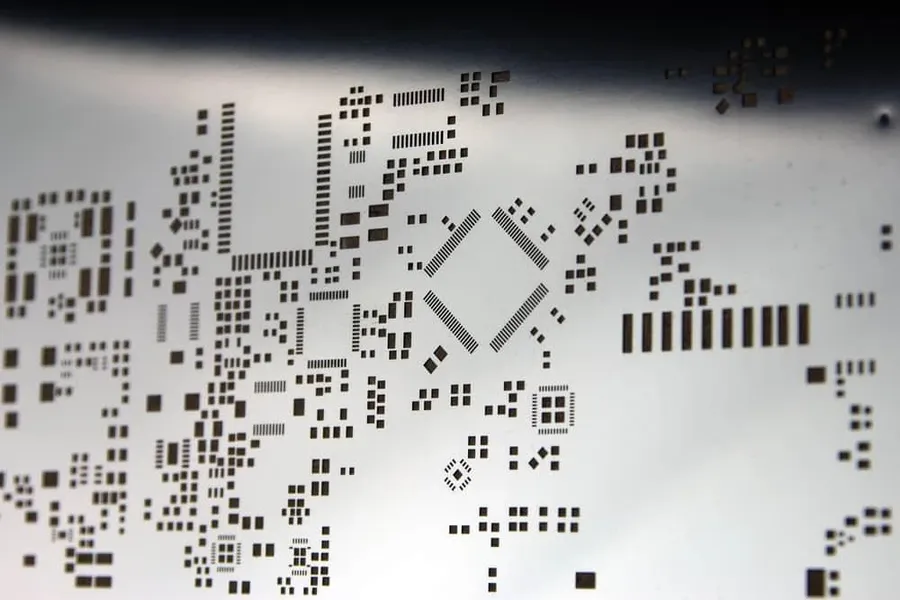 A manufacturing scene showcasing the process of creating an SMT stencil.