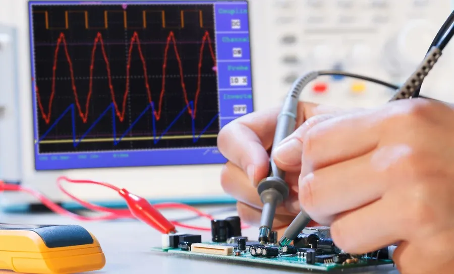 A person using testing equipment on a PCB to check functionality.