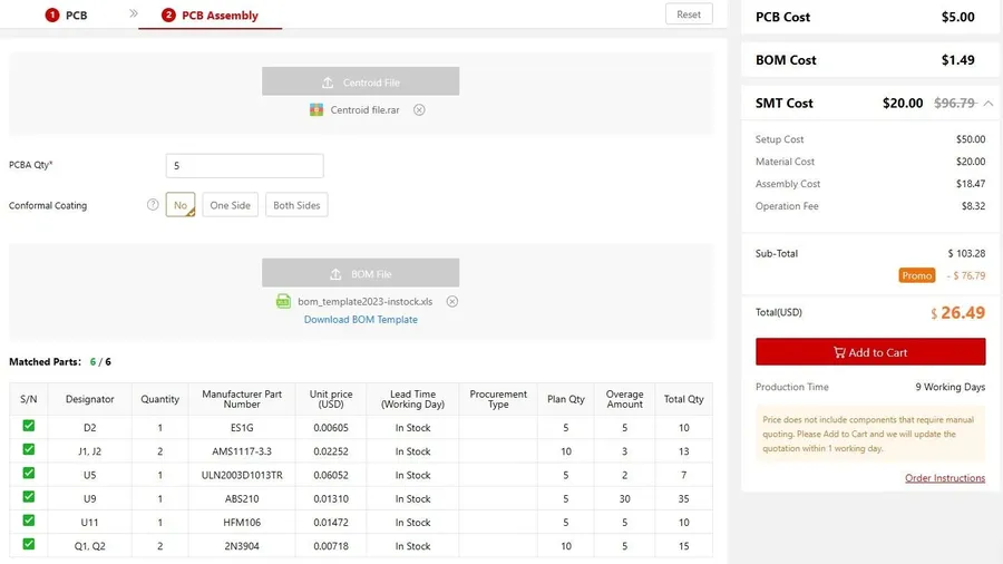 A table showing cost comparisons for different PCB assembly options.