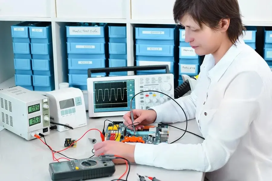 A person inspecting a PCB using quality control equipment.