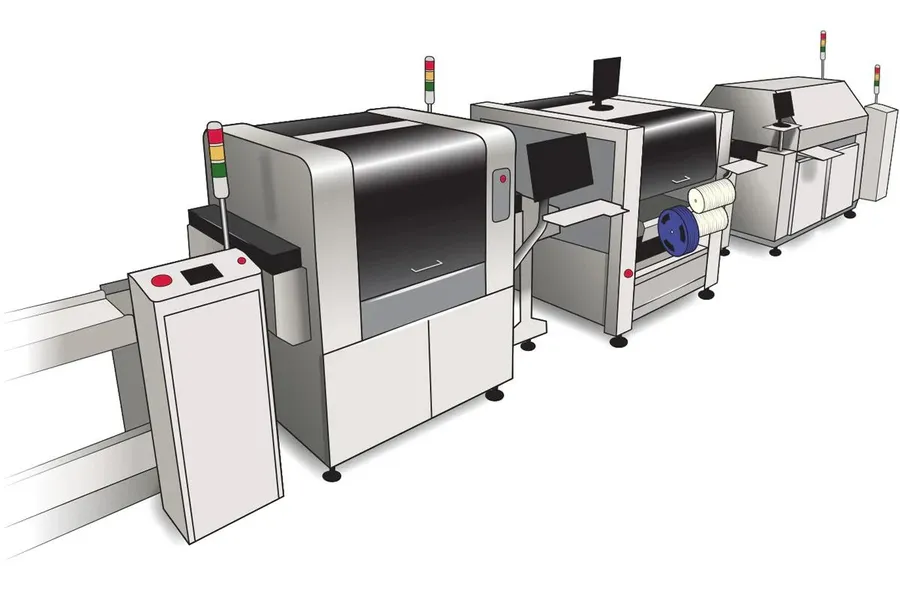 A view of a PCB production line with various stages of manufacturing.