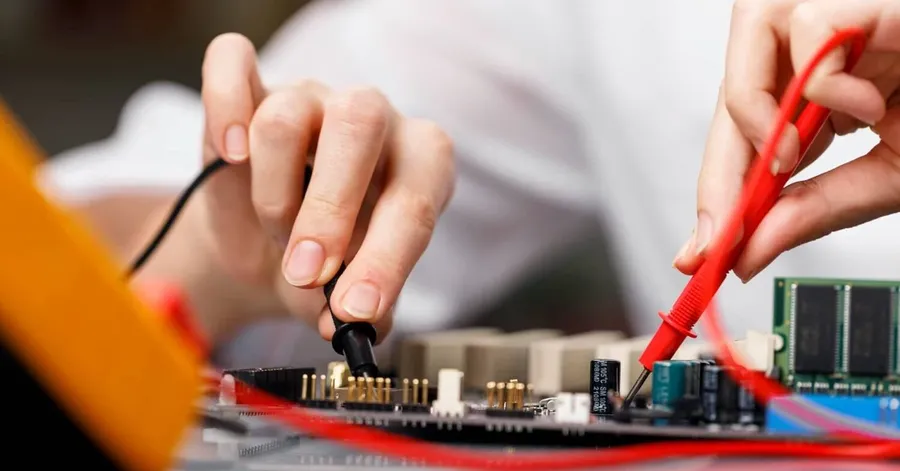 A technician soldering a PCB in a repair setting.